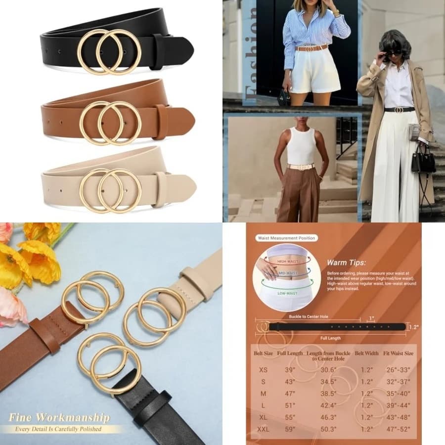 3 Pack Women Waist Belts for Jeans Pants Dresses, Ladies Belt with Double O-Ring Gold Buckle，Fit Waist Size 32"-37"，3 Pack-black+brown+beige