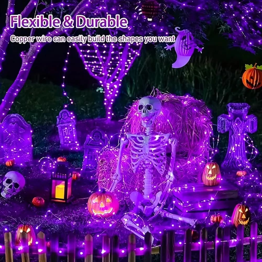 1PC 12M100LED Luci solari a stringa per Halloween, luci fatate a LED con filo di rame arancione e viola per decorazioni da giardino esterno per Halloween