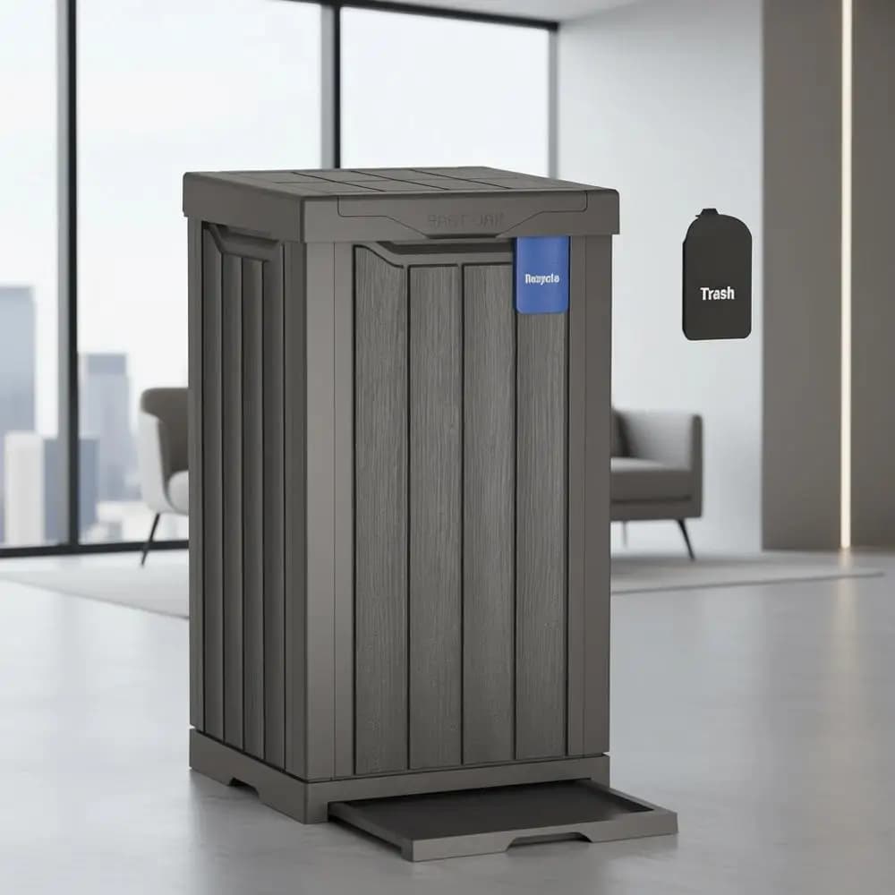 Bidone della Spazzatura da Esterno da 31 Galloni con Etichetta per il Riciclo | Cestino per Rifiuti in Resina Resistente | Coperchio sicuro e vassoio raccogligocce | Ideale per patio, cucina