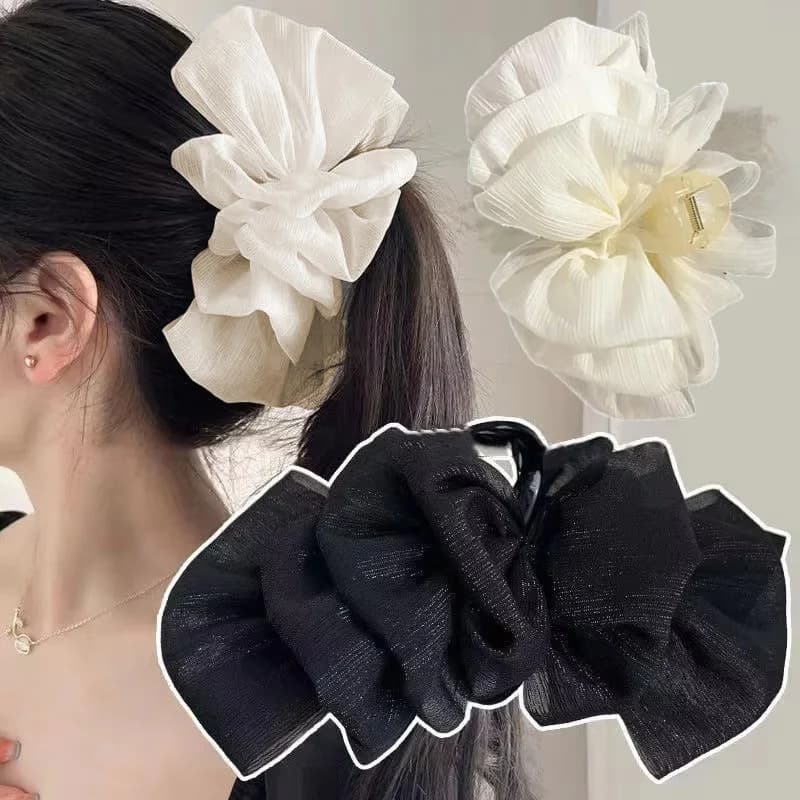 Fermaglio per capelli a rete grande bianco e nero alla moda, con fiocco, stile coreano, dolce, a nuvola, plissettato, a forma di squalo, accessori per capelli da donna
