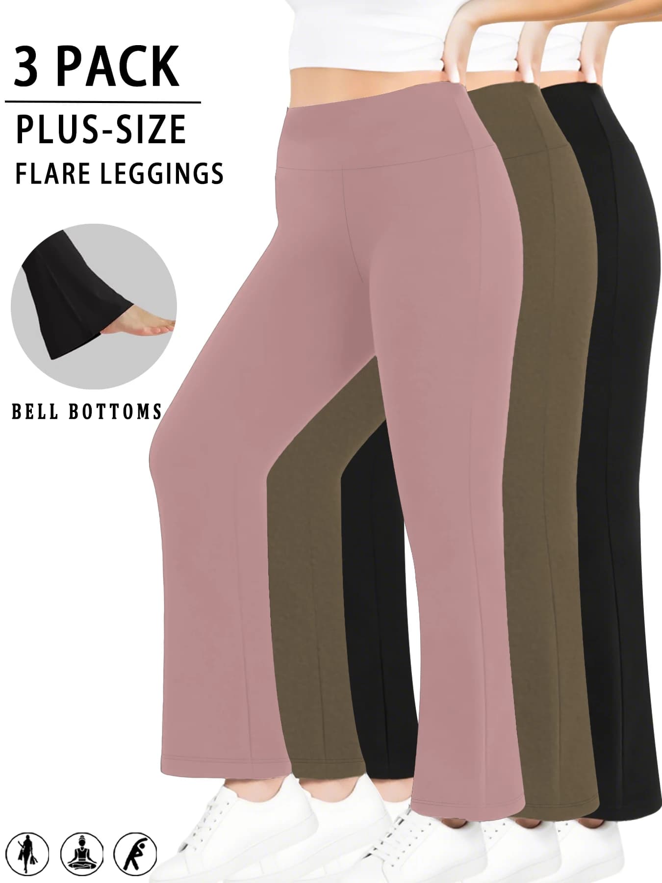 Pack of 3 high waist yoga pants and flared leg by woman, strong sizes. Perfect for yoga or leisure.
