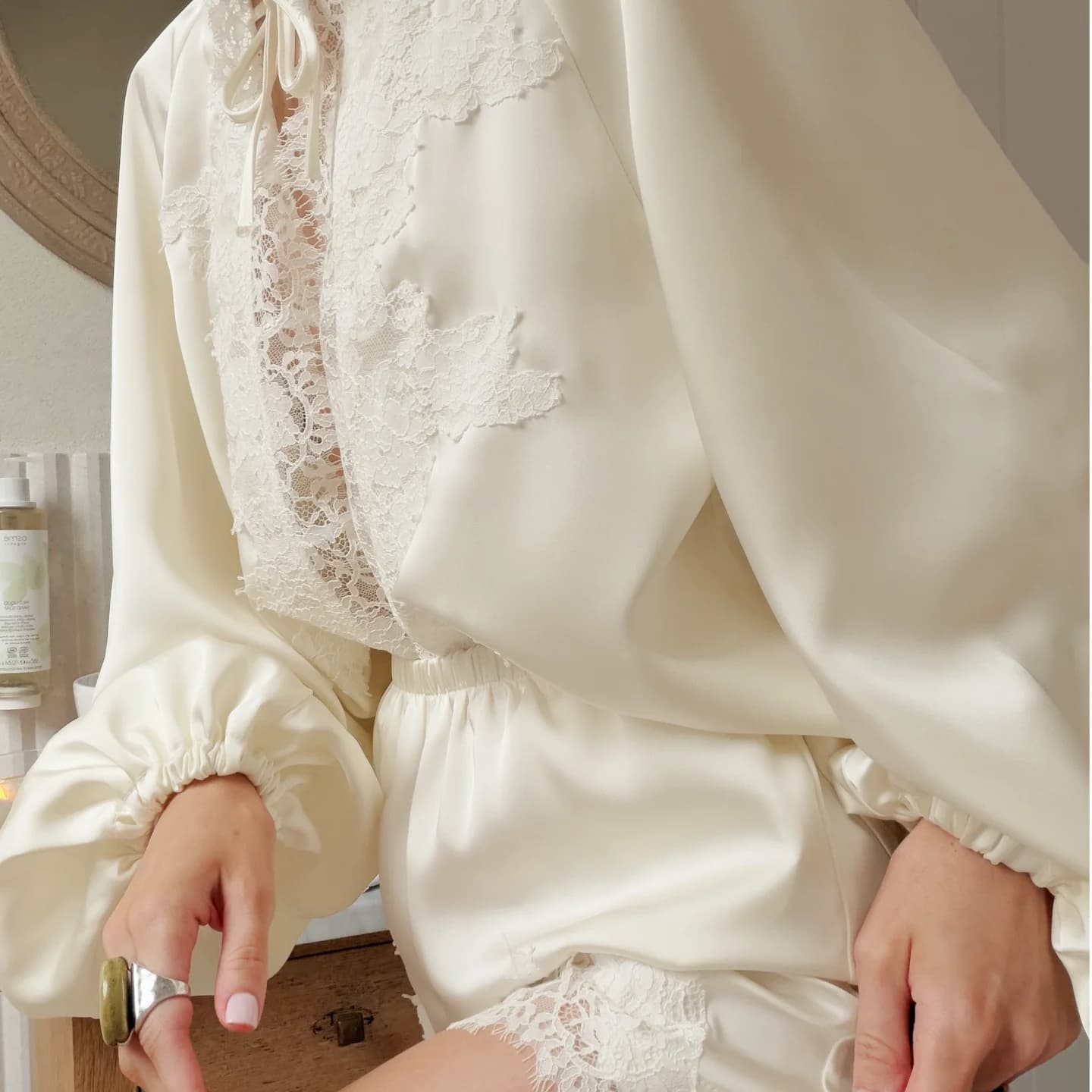 Women's Cream Silk Satin Pajama Set Lace Trim Long Lantern Sleeve Tie Front Top and Shorts 2 Piece Luxury French Loungewear Suit