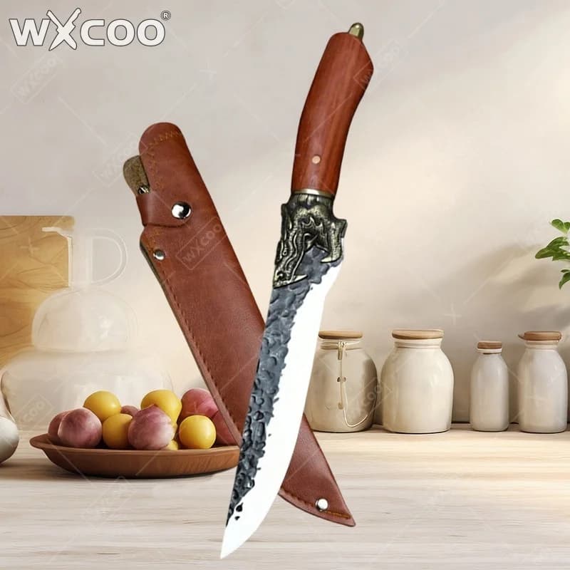 Coltello Forgiato a Mano WXCOO, Coltello da Cucina Multiuso in Acciaio ad Alto Tenore di Carbonio con Manico in Legno, Coltello da Chef, Coltello da Disosso