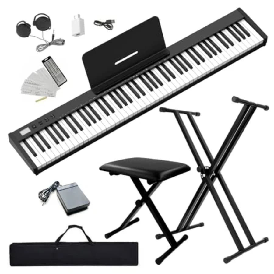 Piano Keyboard 88 Keys for Beginners, Semi-weighted Portable Digital Piano, SWAN-S Black, Includes Bench Stand Headphones Stick