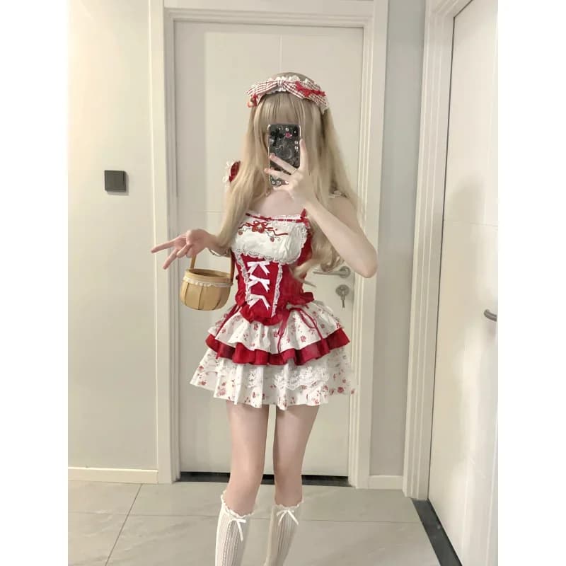 Top a canotta in vita sottile con fiocco rosso patchwork in pizzo + minigonna floreale Set di due pezzi per ragazza dolce sexy estiva Spice Girl Y2k