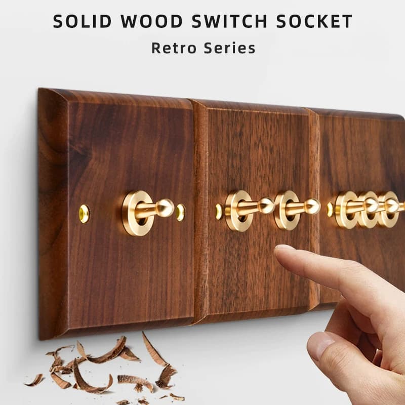 Black Walnut Wood Retro European Light Switch, Wall Lamp Switch on LED Bedside Table, Pure Wood Brass Switch Panel