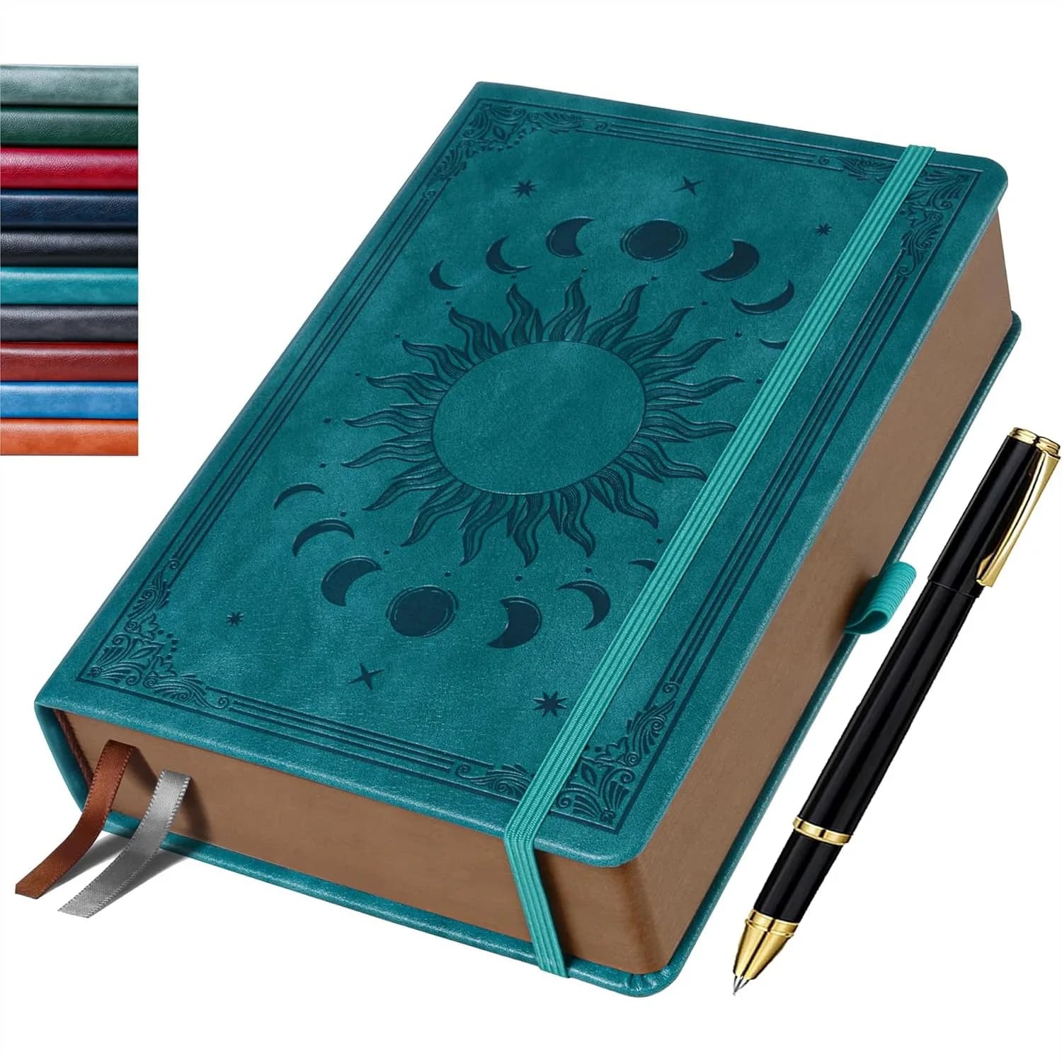 Leather Hardcover Journal for Women Men, 360 Pages Lined Notebook with Vintage Sun & Moon Design, A5 SeaGreen