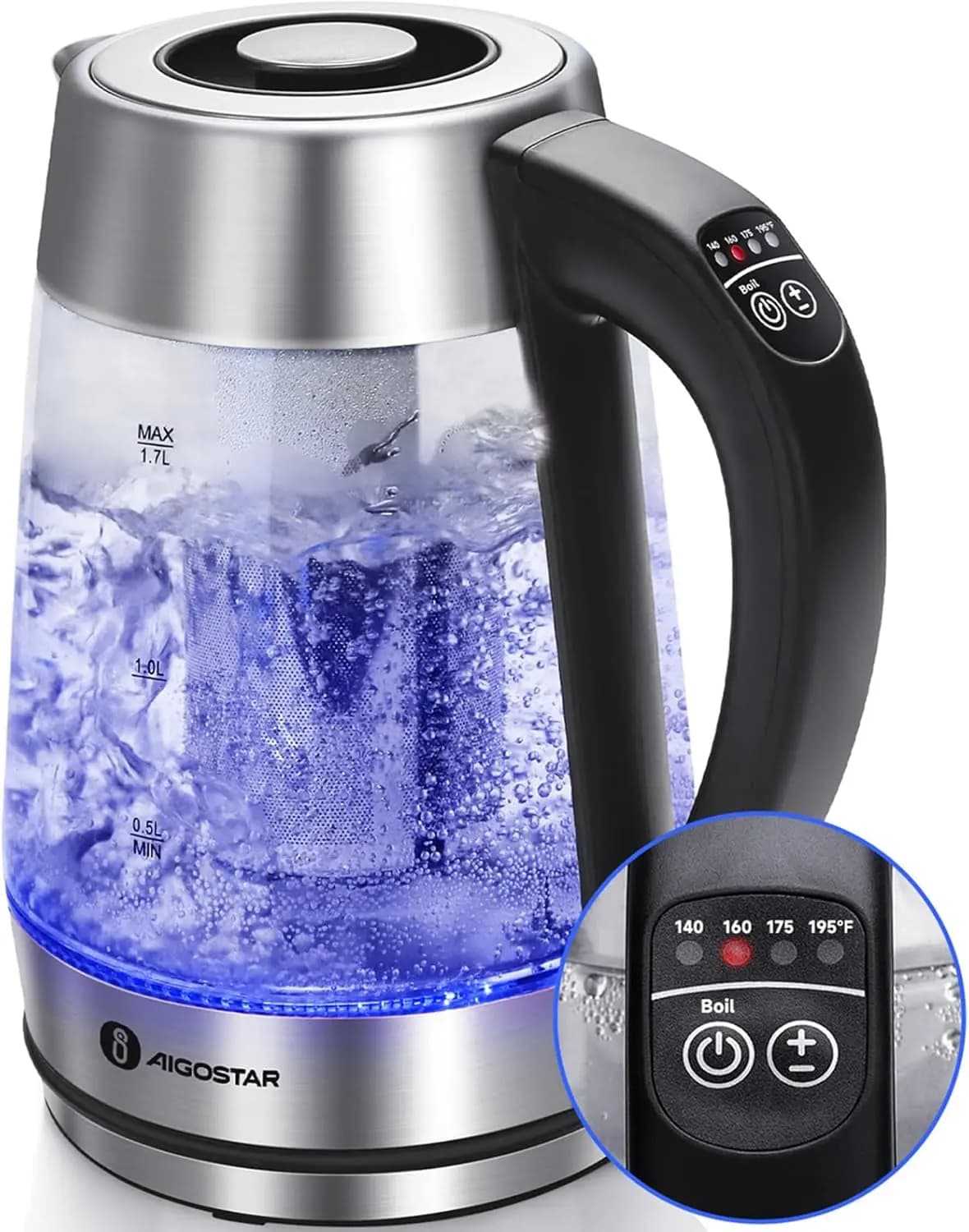 Bollitore Elettrico con Controllo della Temperatura, 1500W, Ebollizione Rapida, Bollitore in Vetro da 1,7L con Infusore e Funzione Mantenimento Calore