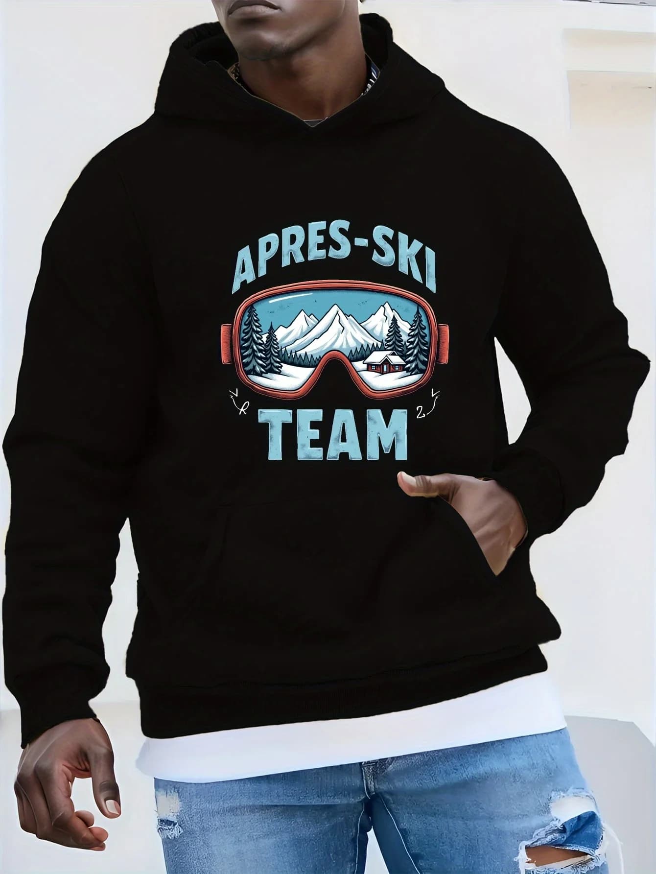 Men Apres Ski Mountain Goggle Graphic Printed Drawstring Hoodie, Winter Loose Fit Non-Stretch Outdoor Sports Pullover Sweatshirt