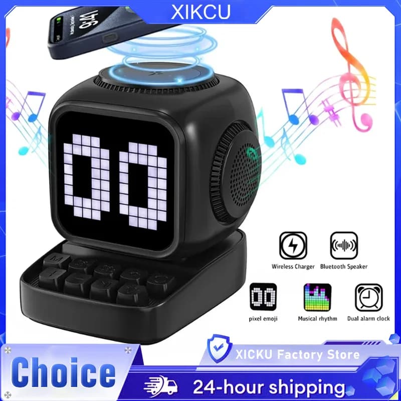 Altoparlante Bluetooth e Caricatore Wireless Magnetico e Decorazione da Scrivania per Casa Mini Sveglia con Aspetto di Computer Lettore con Display LED