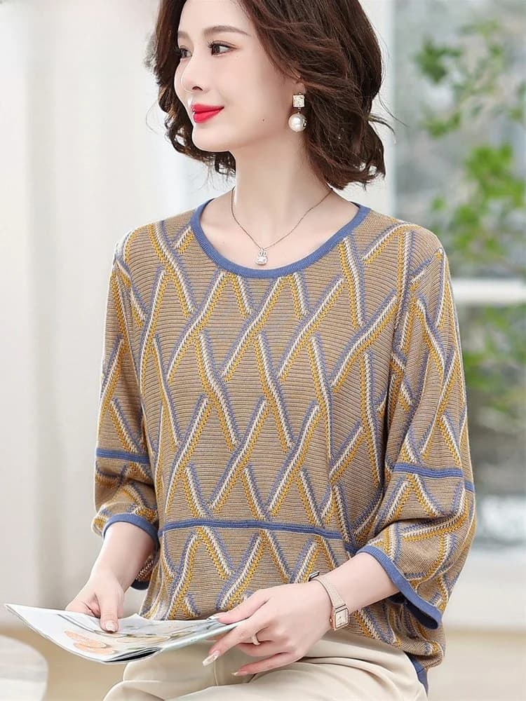 Fashionable Knitted Base Layer Top Mommy Spring Clothes Seven-Quarter Sleeve T-Shirt Belly Covering Knitwear for Middle-Aged ...