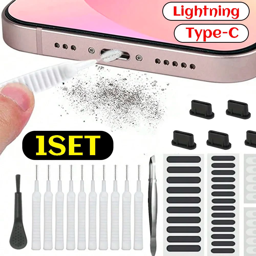 Kit di Pulizia Anti-Polvere con Rete Protettiva e Adesivo per iPhone 17/16/15, Kit di Pulizia per Telefoni Type-C con Spazzola/Pinzette