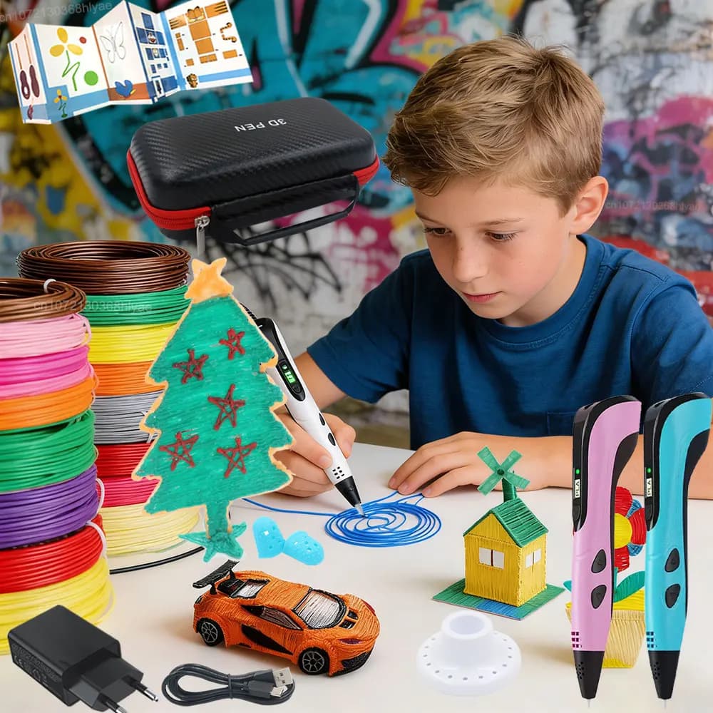 Children's 3D Printing Pen with LED Screen Colored PLA Filament Power Adapter and Storage Box Boys Girls Christmas Birthday Gift