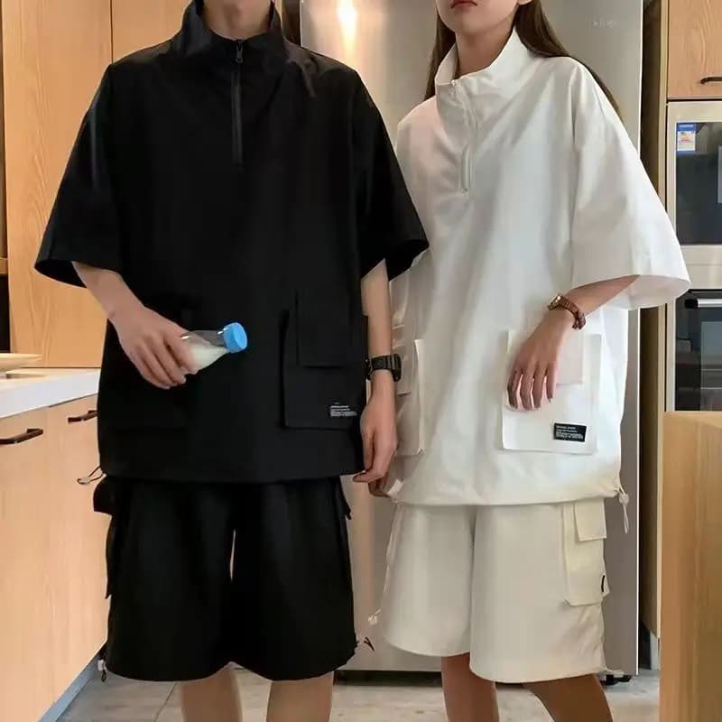 Harajuku coppie estate sciolto Cargo set tinta unita magliette pantaloncini Outdoor Casual tuta cerniera dolcevita tasche t-shirt