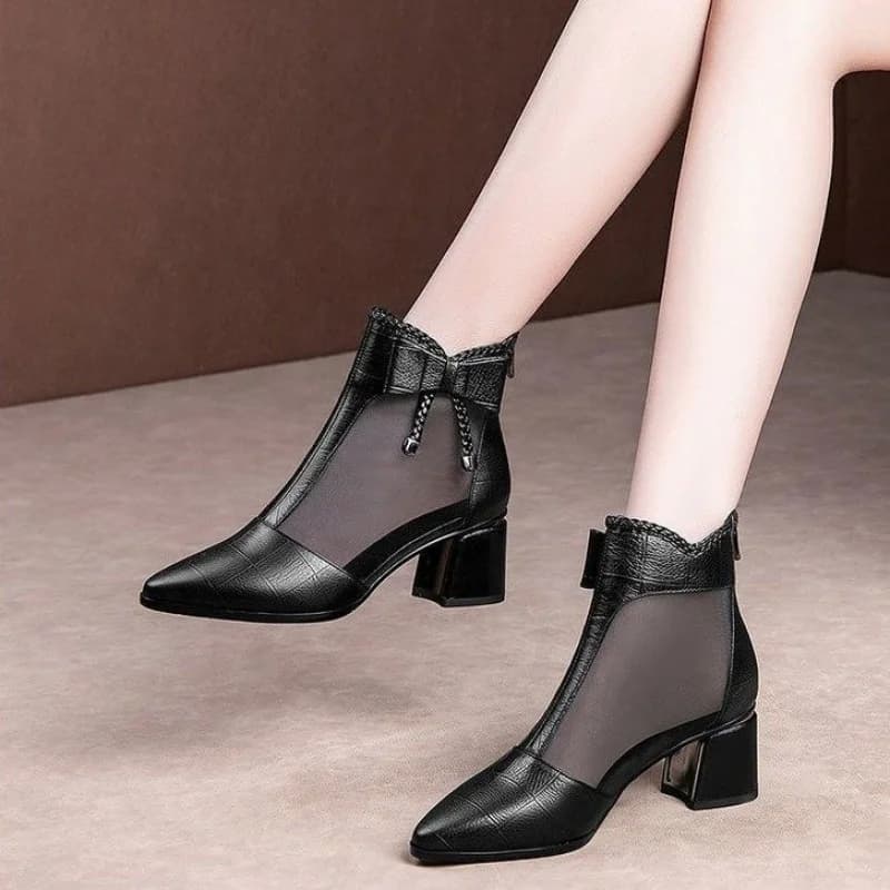 Spring and summer mid-heel mesh boots for women, hollowed-out chunky heel sandals, high-heeled shoes, pointed-toe versatile wome