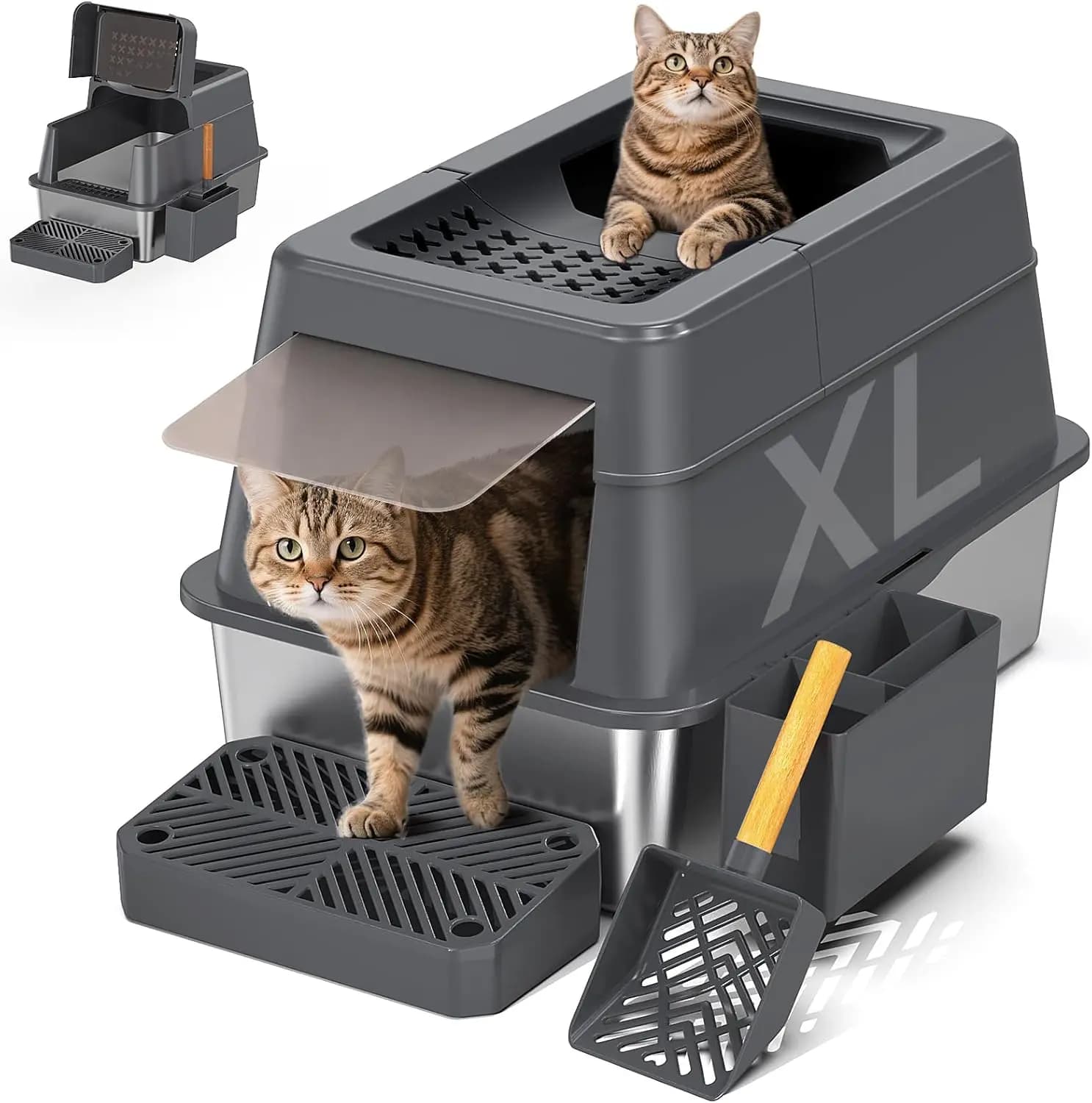 Lettiera per Gatti in Acciaio Inox con Coperchio, Design Modulare XL in Metallo Chiuso con Coperchio Ribaltabile, Adatta a Tutti i Gatti, Extra Large