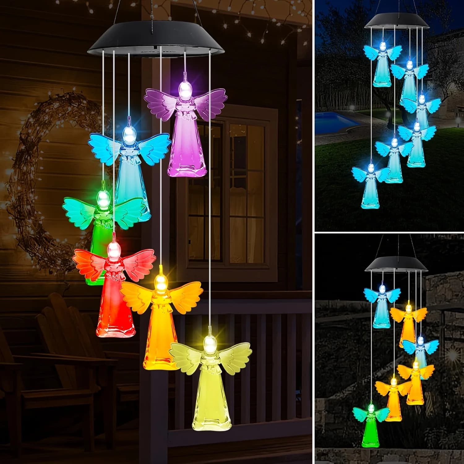 Solar Wind Chime Lights, Angel Chandelier, Color-Changing LED Outdoor Decorative Hanging Lights, Solar Garden Lights for Gardens