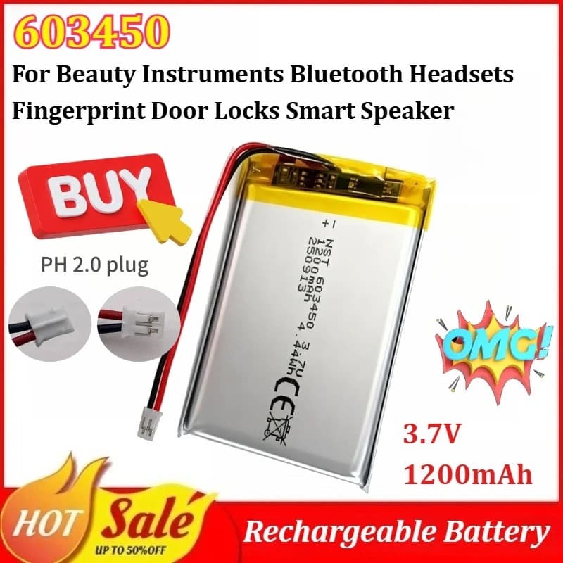 Batteria Lipo 603450 3.7V 1200mAh (5-20 Pezzi) per Strumenti di Bellezza, Cuffie Bluetooth, Serrature Biometriche, Altoparlanti Intelligenti