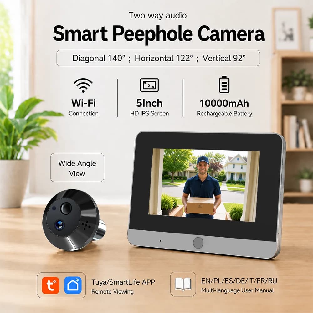 MINI Two Way Talk 5" Screen 2MP WiFi Tuya SmartLife Infrared PIR Peephole Door Cat Eye Camera 10000mAh Battery Lasts 3-4Months