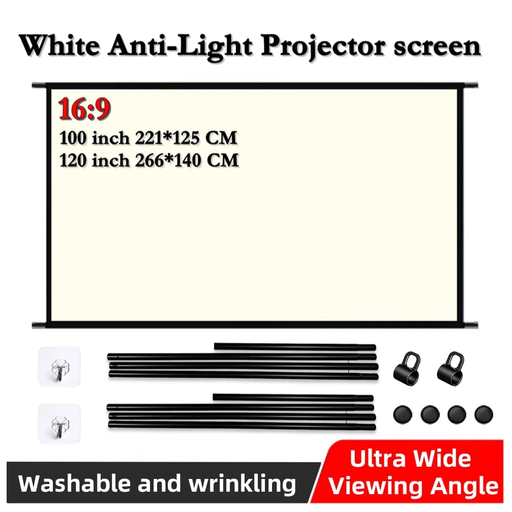 Portable Projector Screen 16:9 Washable Ultra Wide Viewing Angle Home Theater Projection Screen 84 100 120 Inch