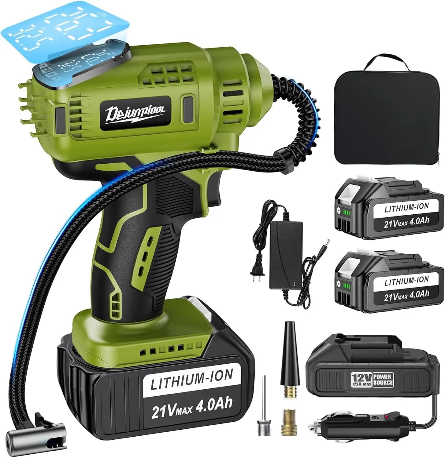 Compressore d'aria portatile per pneumatici auto con 2 batterie da 4000mAh, gonfiatore rapido da 150PSI, pompa silenziosa con spegnimento automatico per gonfiaggio rapido