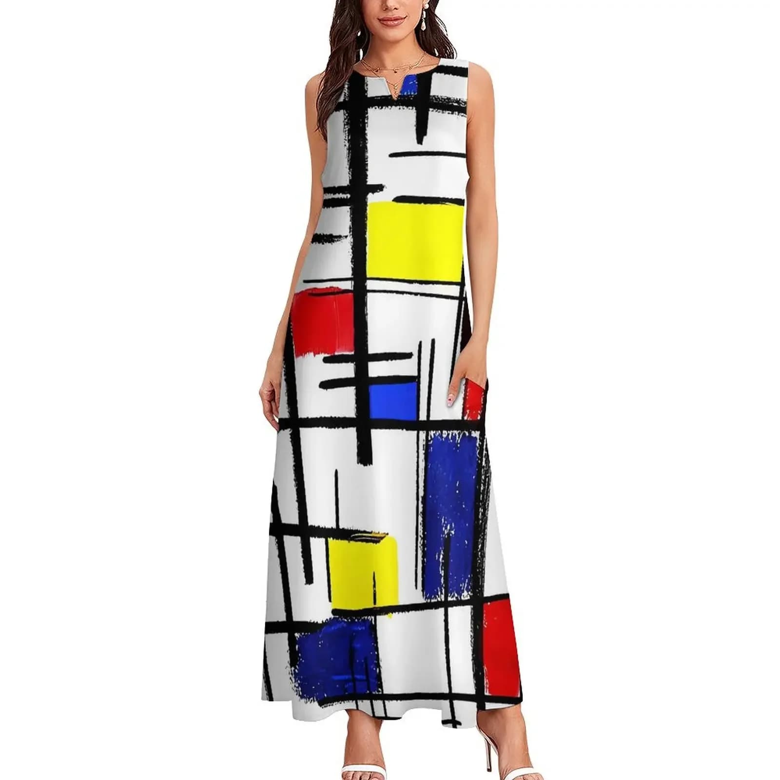 Women's Long Dress Summer De Stijl Modern Art Aesthetic Boho Beach Long Dress Women's Elegant Long Dress Sexy V-neck Dress Large
