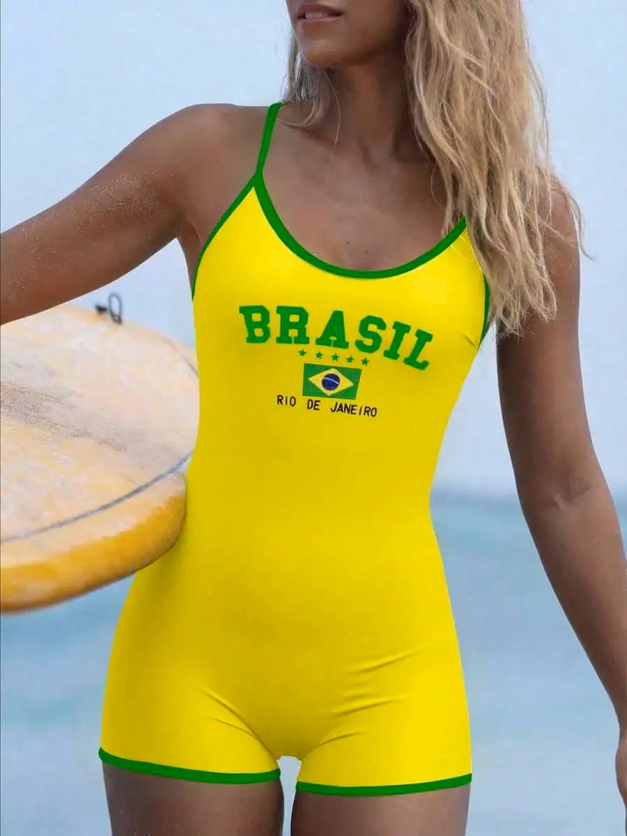 Costume da bagno intero da donna con stampa bandiera del Brasile, giallo e verde, scollo a U, senza schienale, per surf e spiaggia