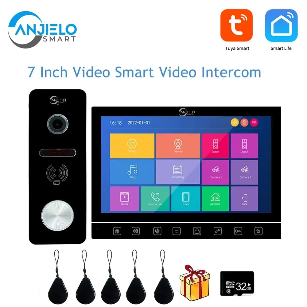 ANJIELOTuya Videocitofono intelligente da 7 pollici Campanello citofono 1080p 160 ° Sblocco scheda IC per telecamera WiFi Porteiro Electronic Doorman