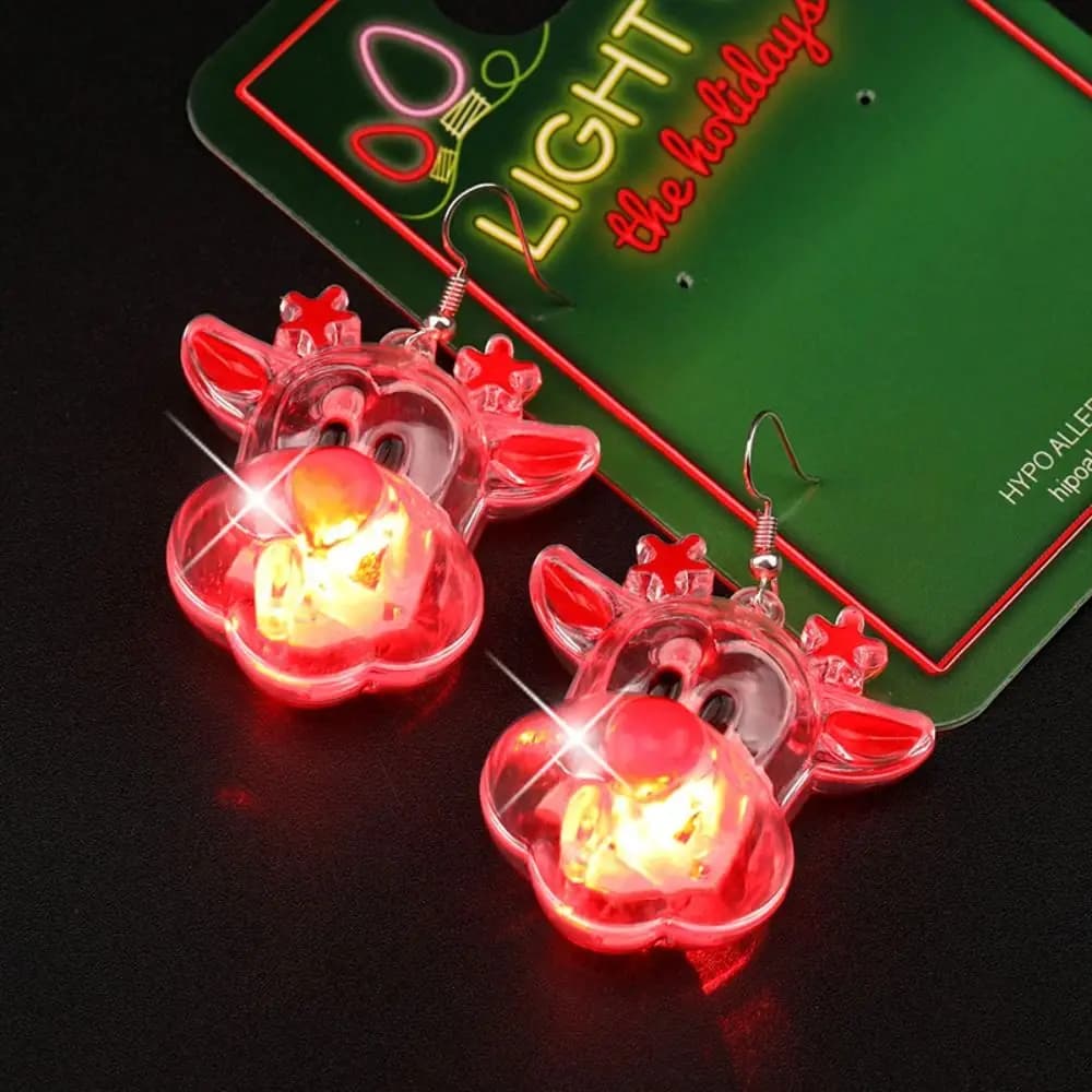 Orecchini elettrici di buon Natale Canna di zucchero Albero di Natale Clip per orecchie pendenti di Natale Fiocco di neve Pupazzo di neve Orecchini pendenti a LED Capodanno