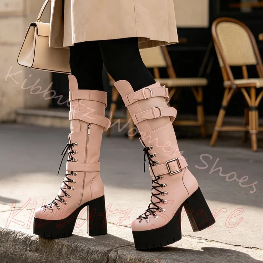 Knee High Platform Sandal Boots Multi Strap Buckle Round Toe Front Lace Up Side Zipper Block Heel Y2K Goth Ladies Shoes Fashion