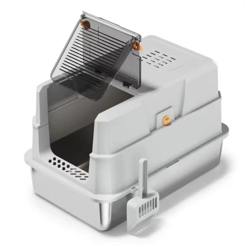 Extra Large Odor-Eliminating Cat Toilet Anti-Splash Stainless Steel Litter Box with High Fences and Flip Cover 20L Inner Space