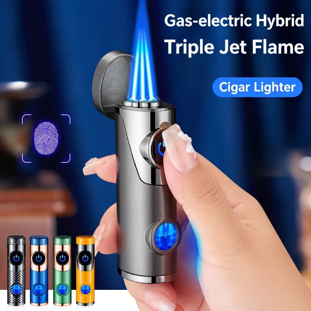 3-Jet Flame Butane Torch Lighter with Cigar Punch Lighter with Touch Sensor, Metal Windproof Lighter with LED Gas Window