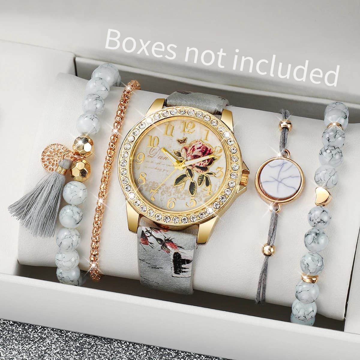 5 pcs fashion flower printed women's watches beads bracelet set dial Arabic wristwatch Reloj Hombre (without box)
