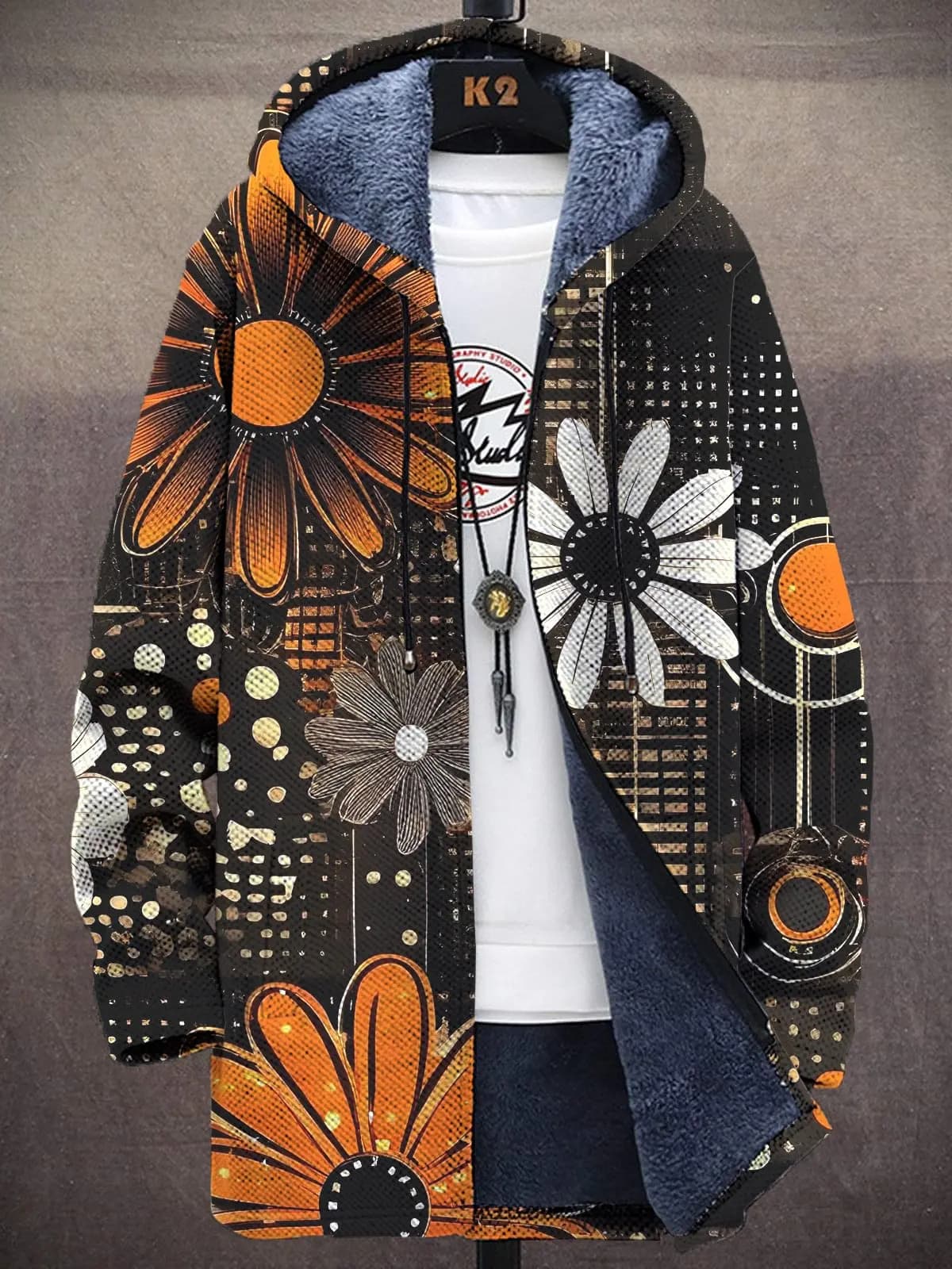 Unisex Colorful Flowers Print Plush Sweater Cardigan Thick Long-Sleeved Fleece Lined Full Zipper Hoodie Coat for All Seasons