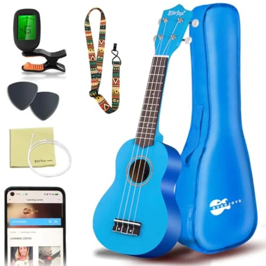 Kit Completo Ukulele Soprano per Principianti 21 Pollici con Lezioni Online Gratuite, Borsa, Accordatore Digitale e Plettri in Blu