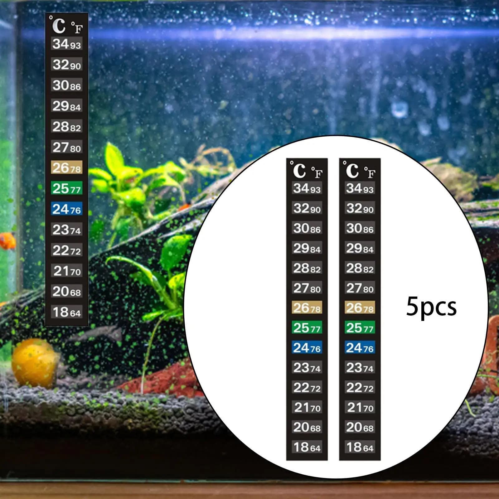 Strisce per termometro per acquario da 5 pezzi Indicatori di temperatura appiccicosi ad alte prestazioni di facile lettura Test della temperatura dell'acqua del terrario