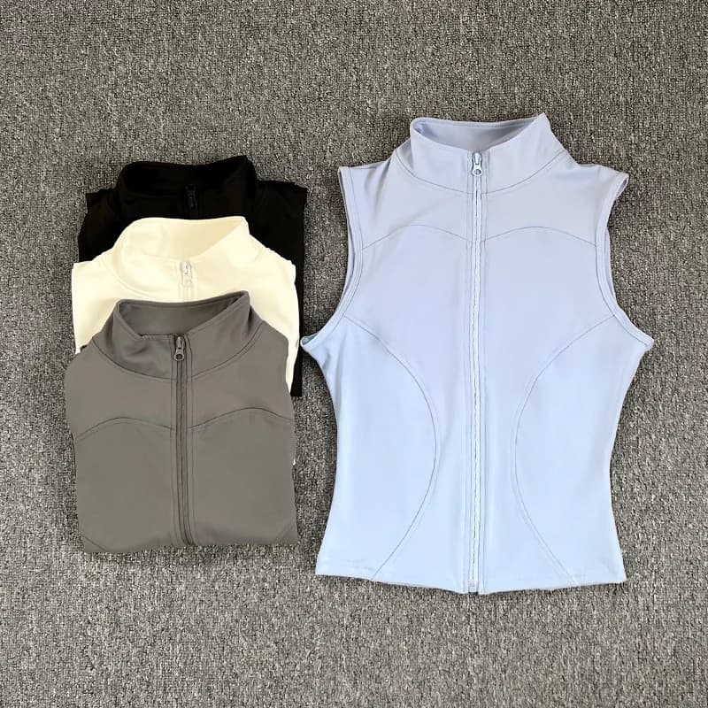 Women's Slim Fit Sport Sleeveless Top Quick Dry Elastic Stand Collar Yoga Fitness Clothing Summer Zipper