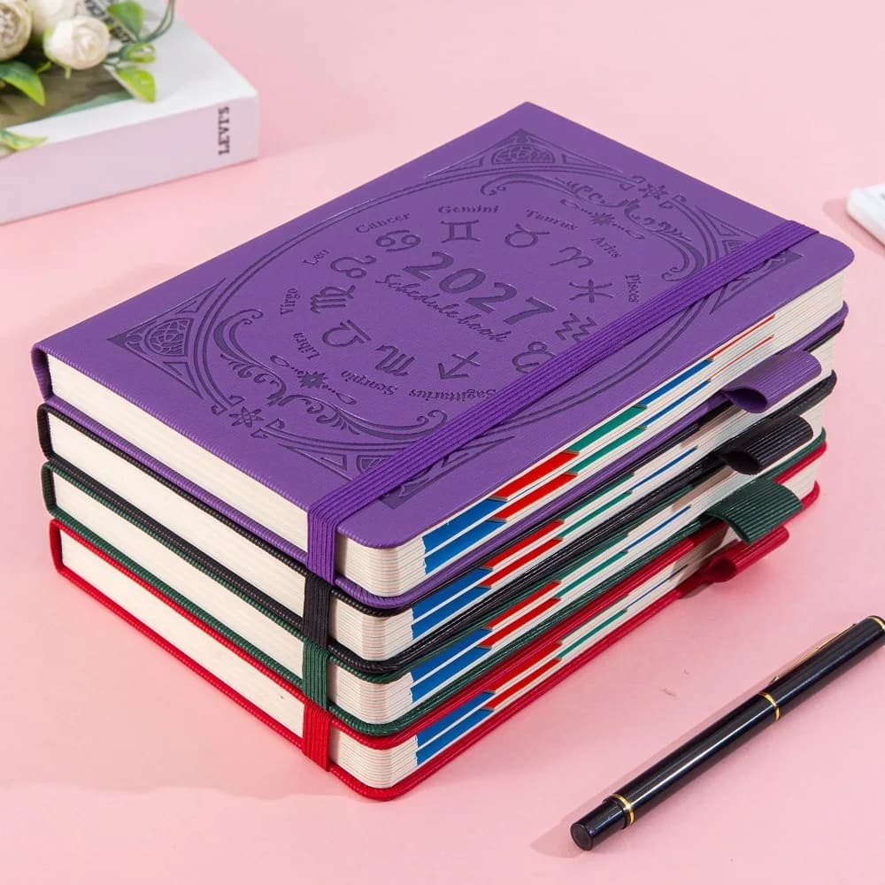 A5 2027 Constellation Pattern Calendar Notebook PU Leather English Schedule Planner Notepad Constellation Cover Bookmark