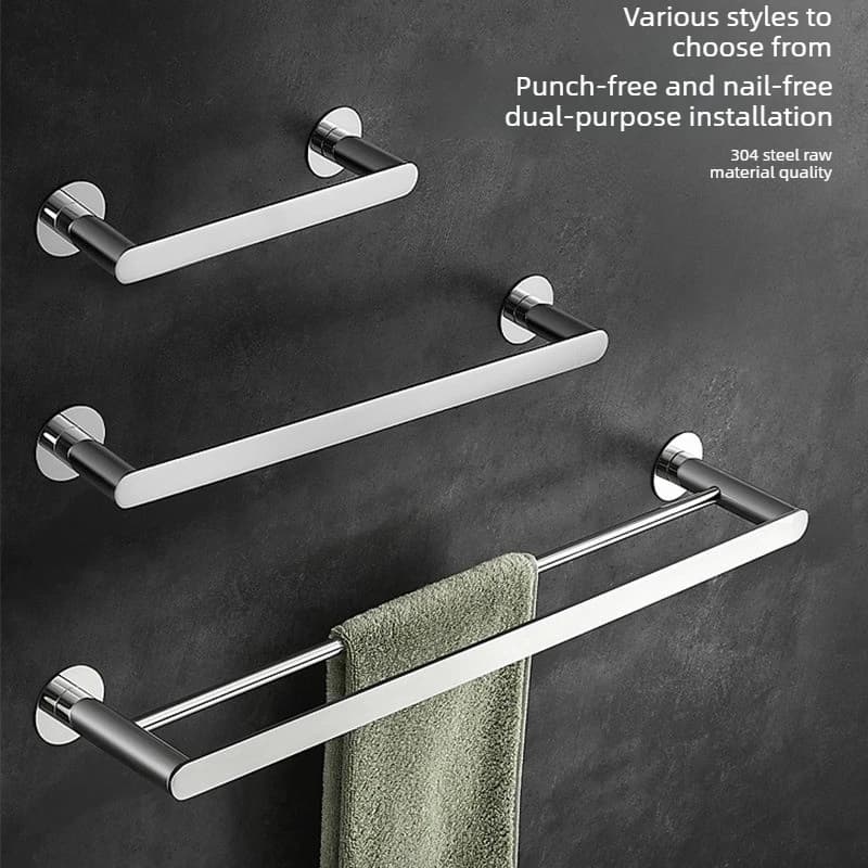 Senza punzonatura Portasciugamani singolo in acciaio inossidabile argento Accessori da bagno montati a parete Portasciugamani a doppio palo Portasciugamani