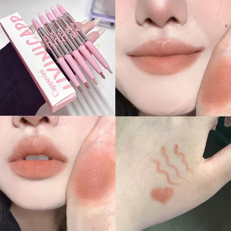 1 pz rilievo per labbra opaco nudo a doppia testa con pennello per labbra soffice trucco per labbra lungo ultimo velluto opaco nebbia rossetto contorno labbra