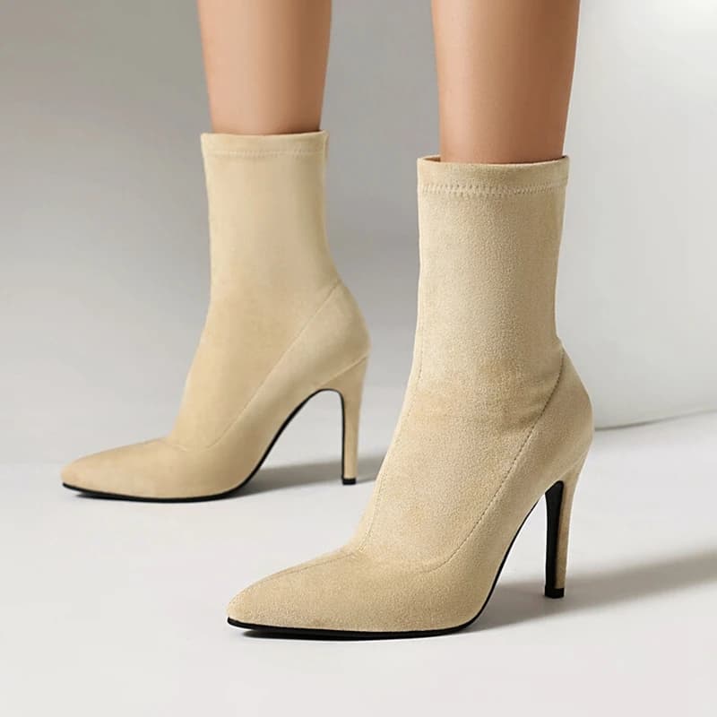 ORCHALISA Fashion 10cm Stiletto Heel Flock Ankle Boots Slip On Autumn Antislip Shoes Big Size US17 Apricot Black Hot Green