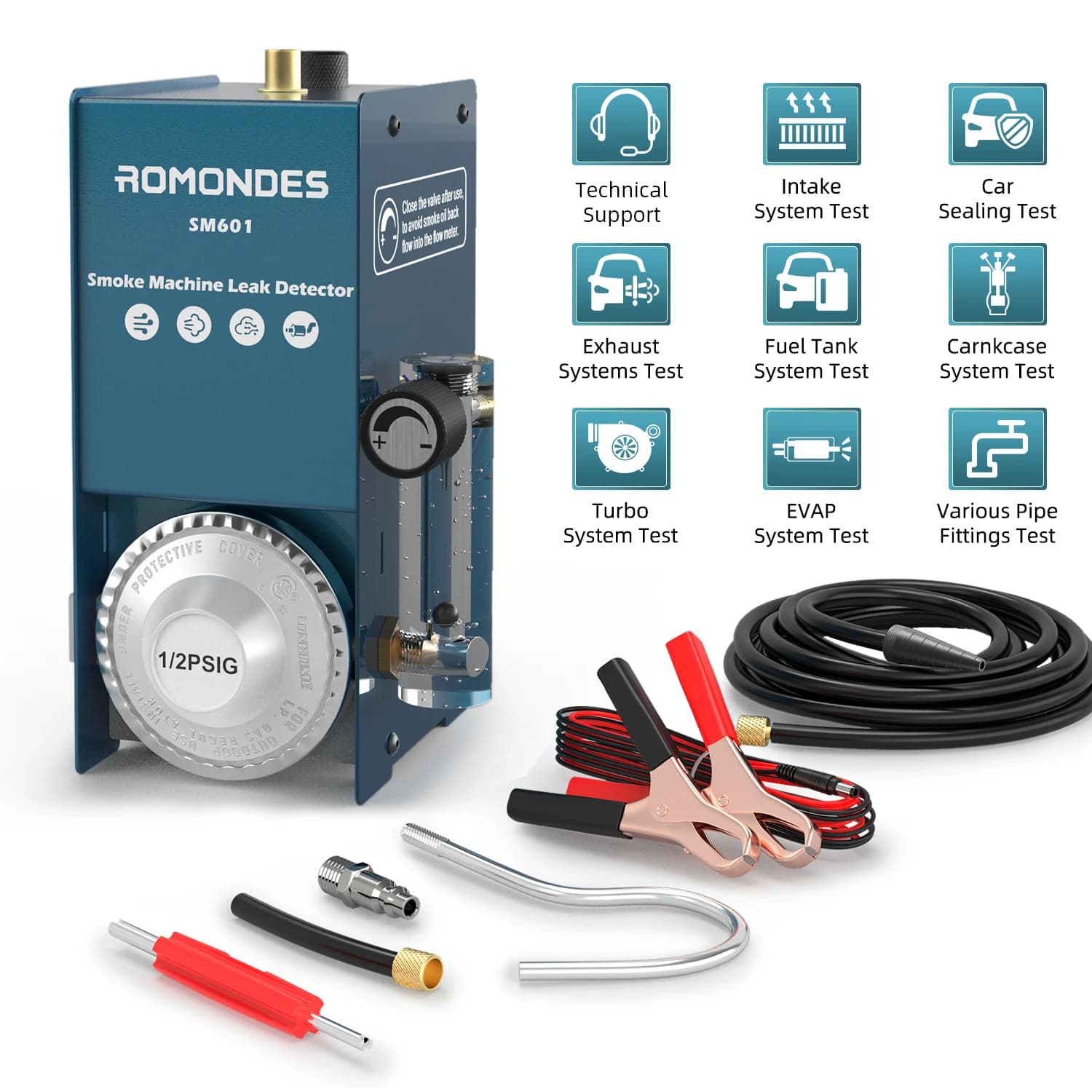 Romondes SM601 Rilevatore di perdite di fumo EVAP Macchina del fumo Rilevatore di perdite automobilistico Localizzatore di perdite di tubi del carburante per auto moto
