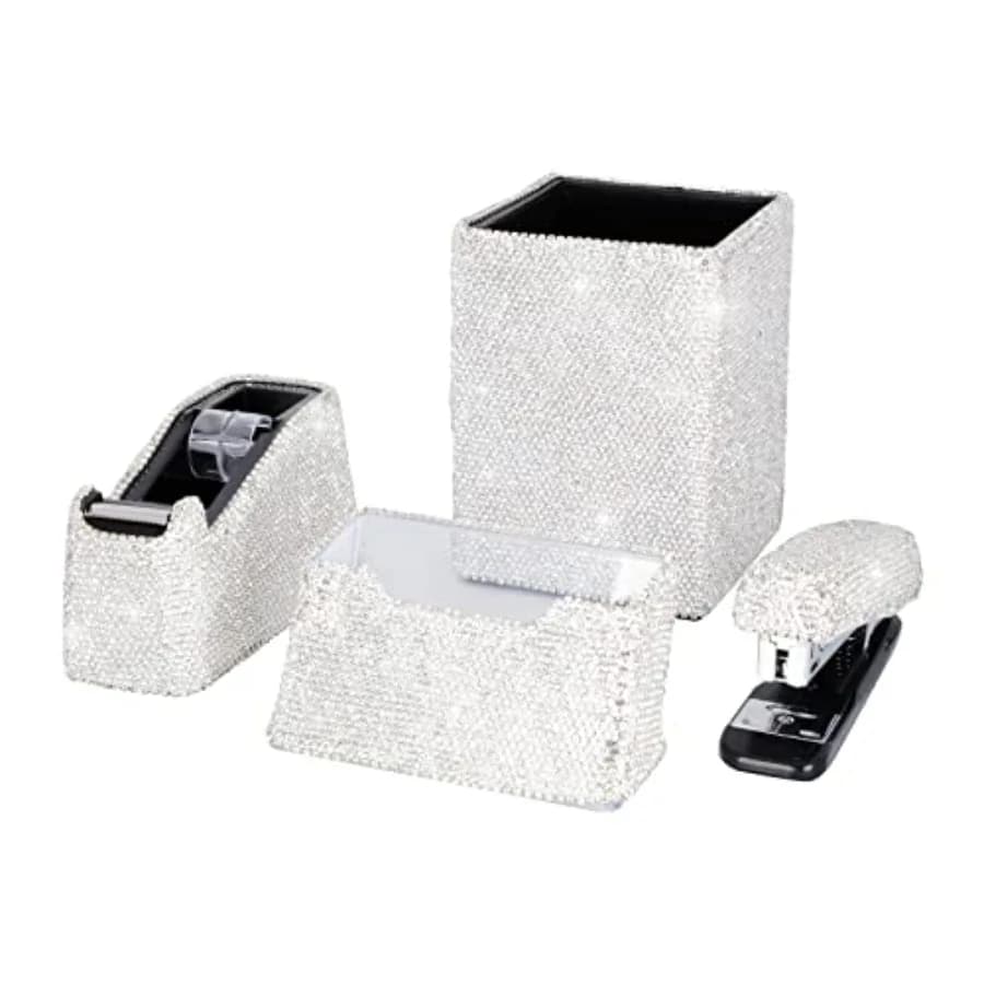 Portapenne, Graffettatrice, Porta Biglietti e Dispenser Nastro Adesivo da Scrivania Lusso Artigianale con Cristalli e Diamanti Bling