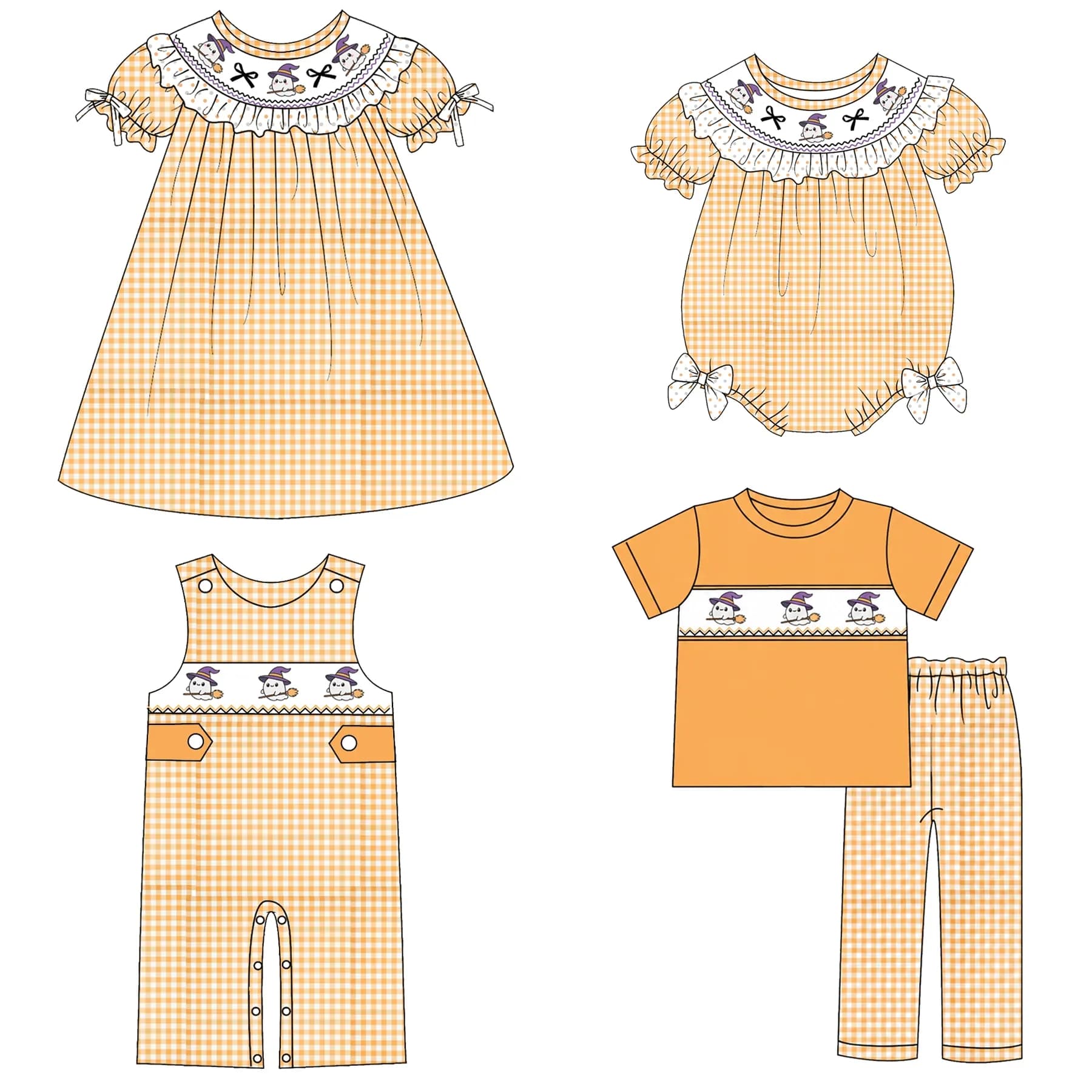 New Halloween Orange Plaid Print Boys' Short-Sleeve and Pants Boutique Set Matching Girls' Ruffled Dress and Romper