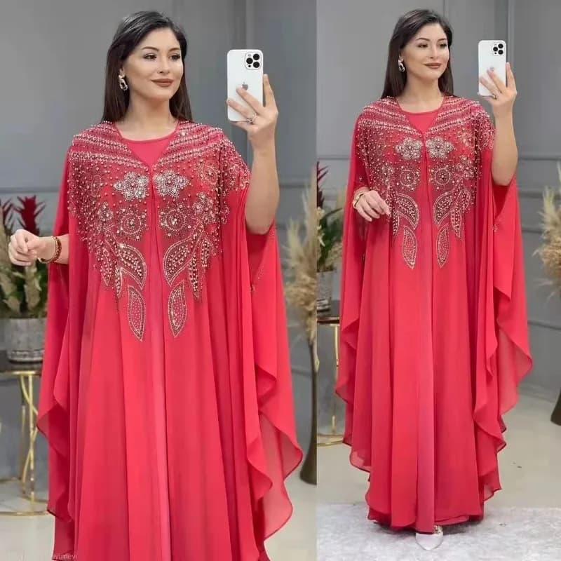 Abito musulmano per donna Abito lungo Abaya con maniche a pipistrello larghe e perline Abito caftano Abaya Abito islamico Set da due pezzi