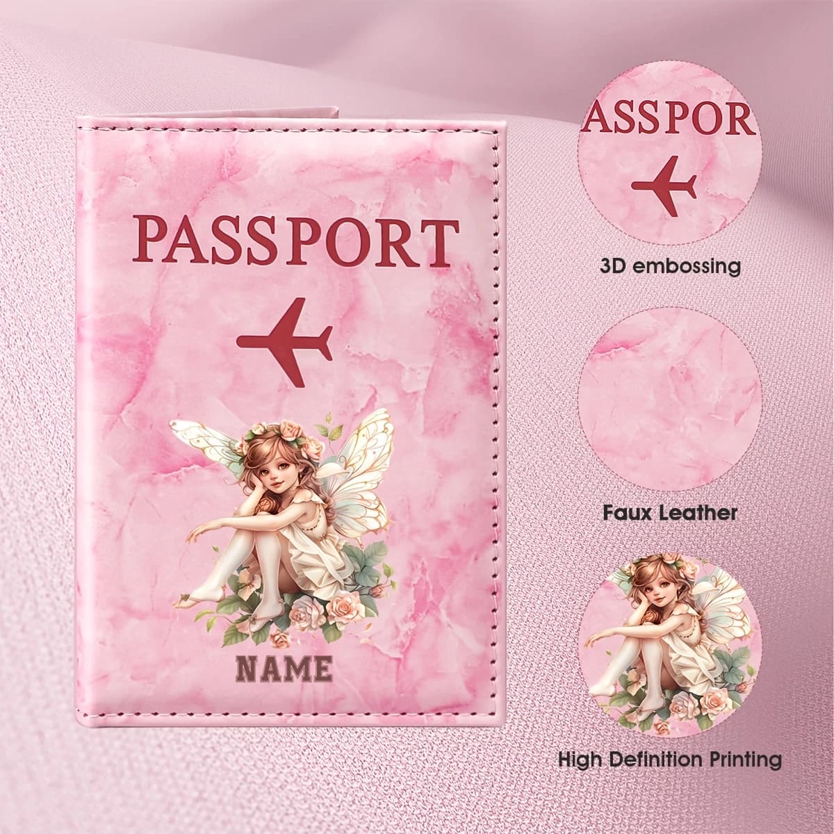 Custom Name Exquisite Angel Illustration Design PU Passport Holder, Featuring a Dreamy Angel Holding a Bouquet of Flowers Paired