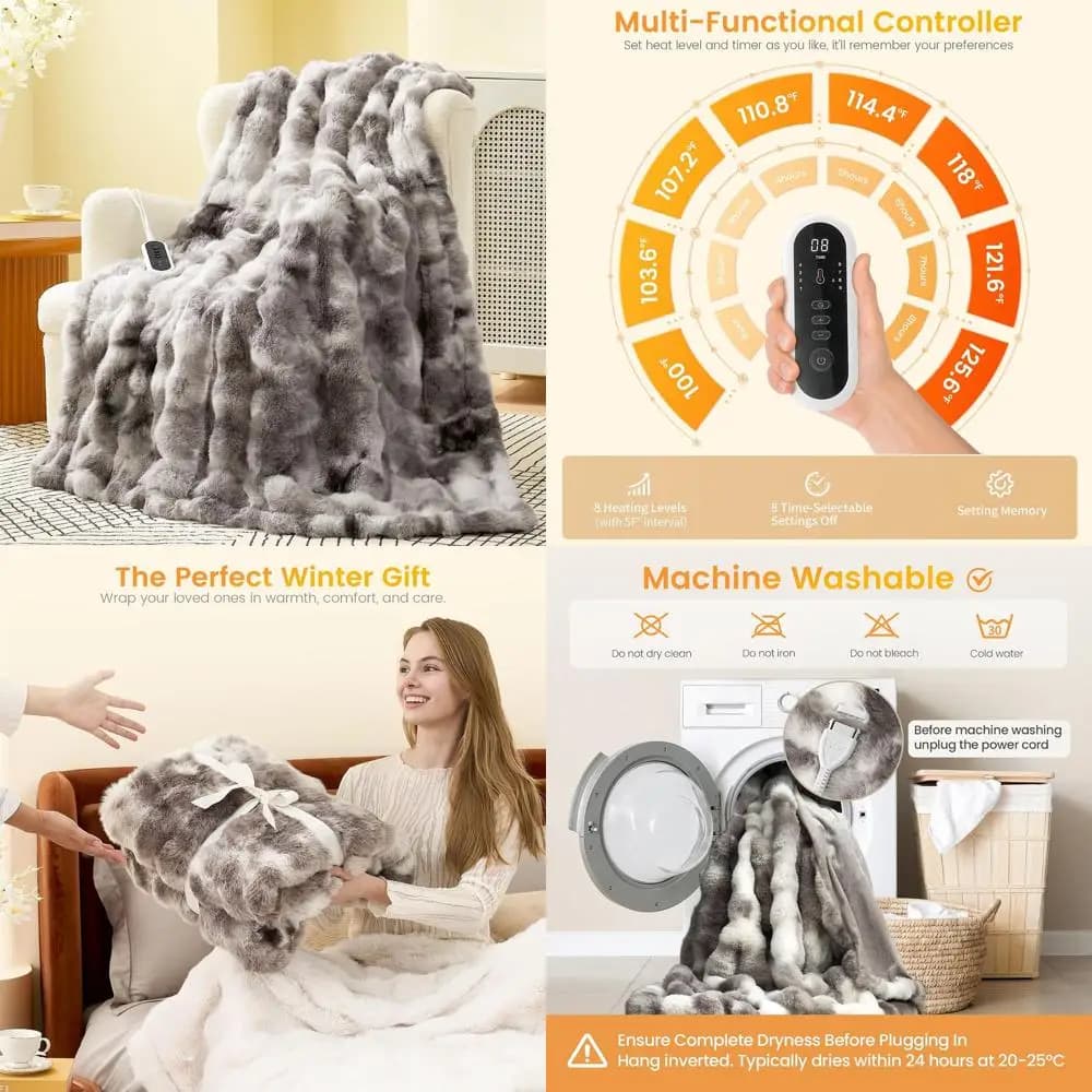 Coperta Elettrica in Finta Pelliccia Effetto Bolle, 50x60, Spegnimento Automatico 2-8 Ore, 8 Livelli di Calore, Protezione dal Surriscaldamento, Grigio Tie-Dye