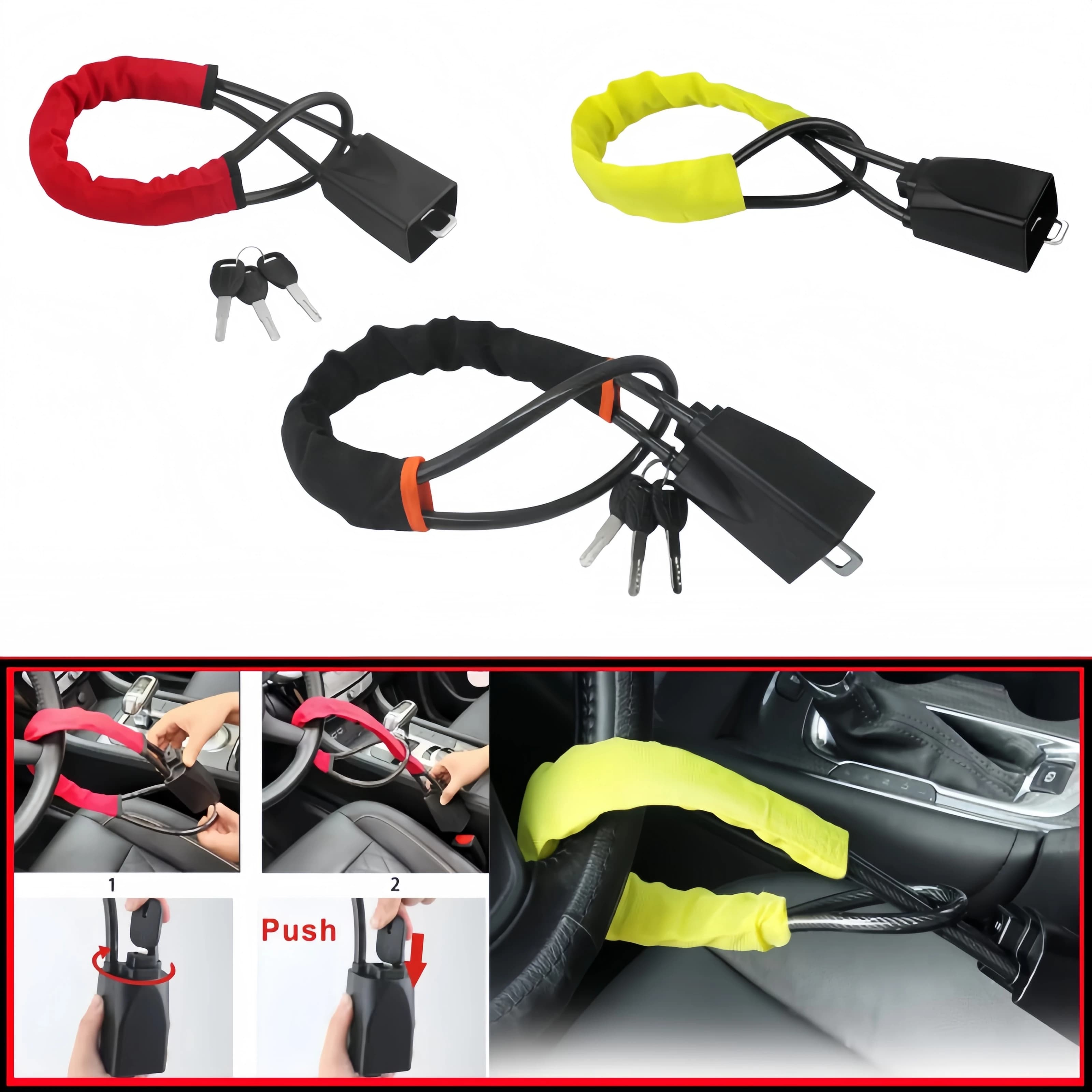 Car Steering Wheel Lock Anti-theft Steel Cable Security Device Universal Fit for Vehicles Prevent Theft Durable Security Rope