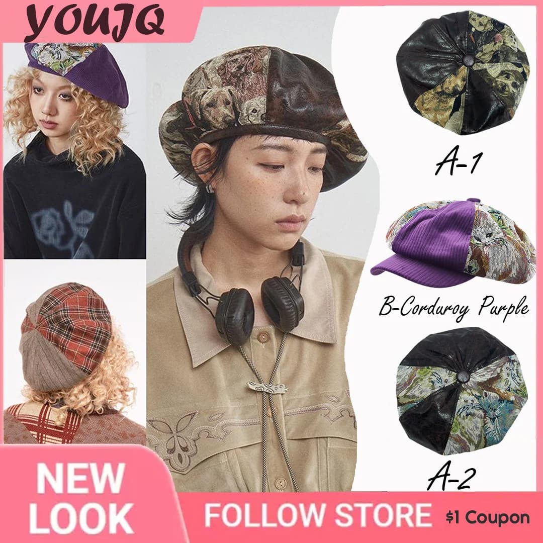 Y2K Big Head PU velluto a coste Cat Dog Pattern Cloud Cap primavera autunno Splicing ottagonale strillone pittore cappelli per uomo donna Bonnet