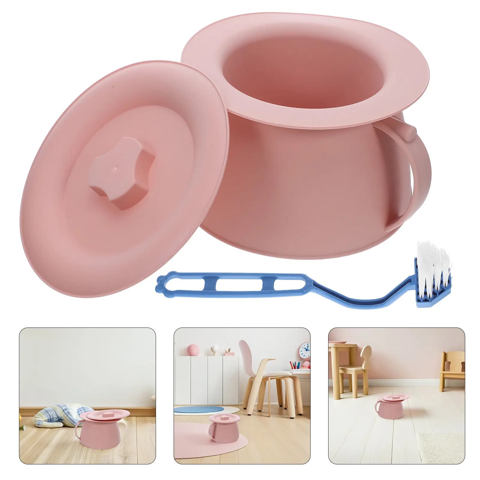 Vaso WC portatile da 1,5 litri per anziani e bambini, toilette da comodino con spazzola, orinatoio resistente, scodella per ruttini, comoda da viaggio leggera